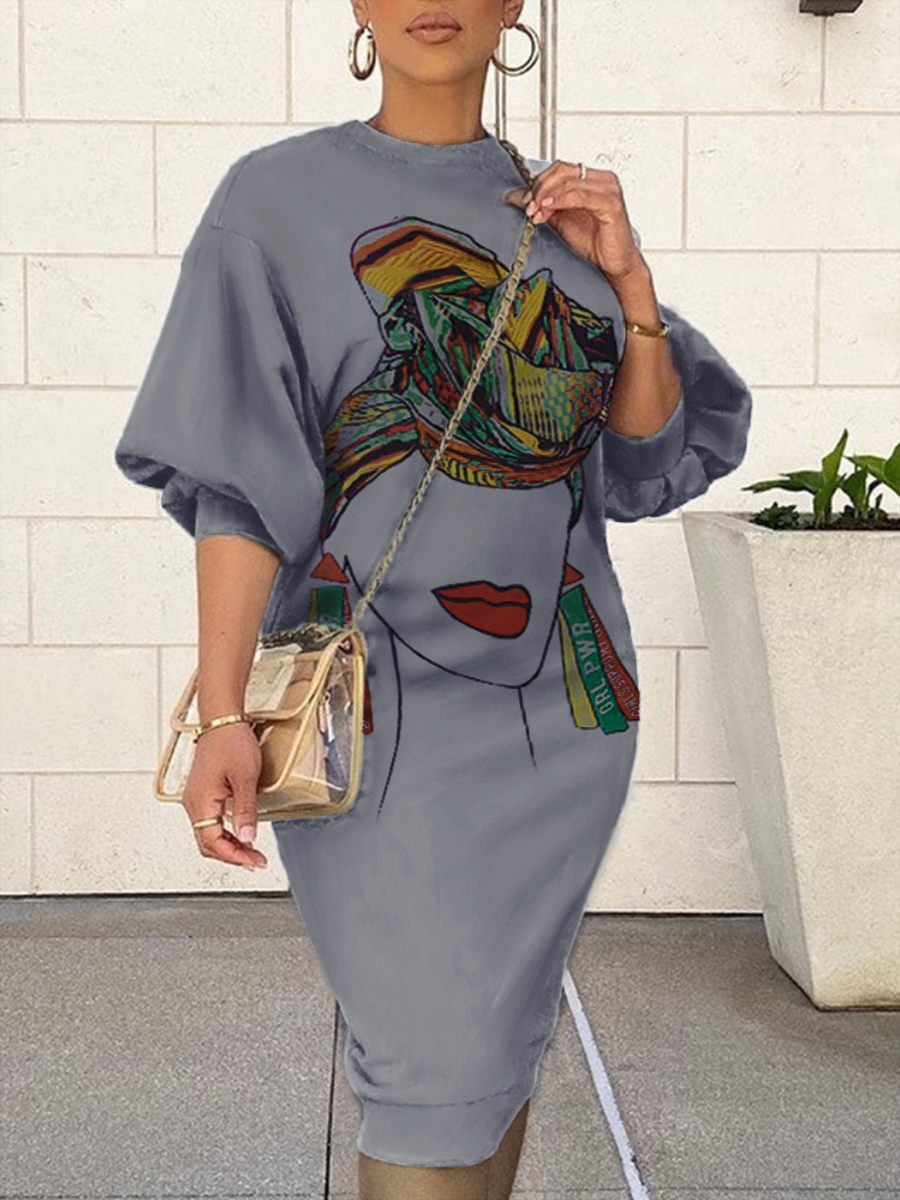 

LW Round Neck Graffiti Print Sweat Dress, Grey