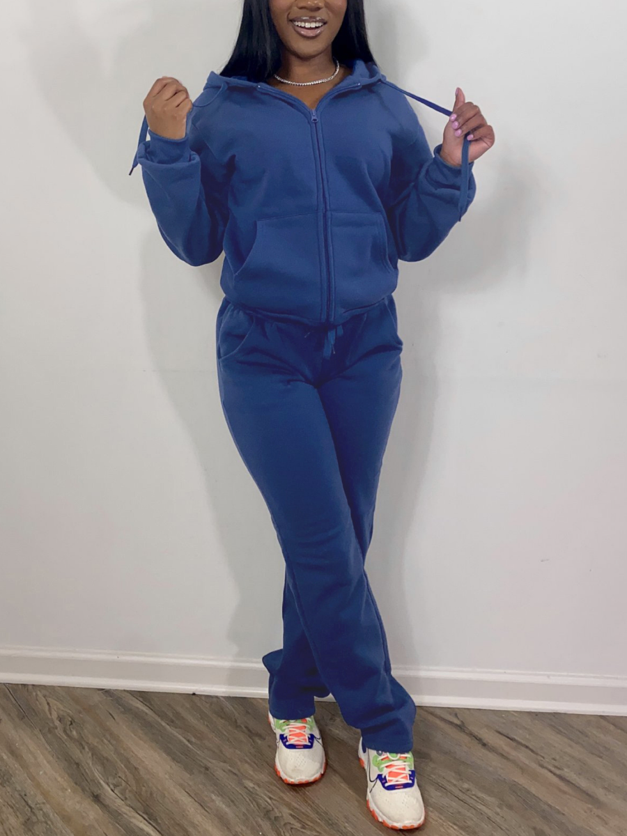 

LW Hooded Collar Kangaroo Pocket Tracksuit Set, Blue