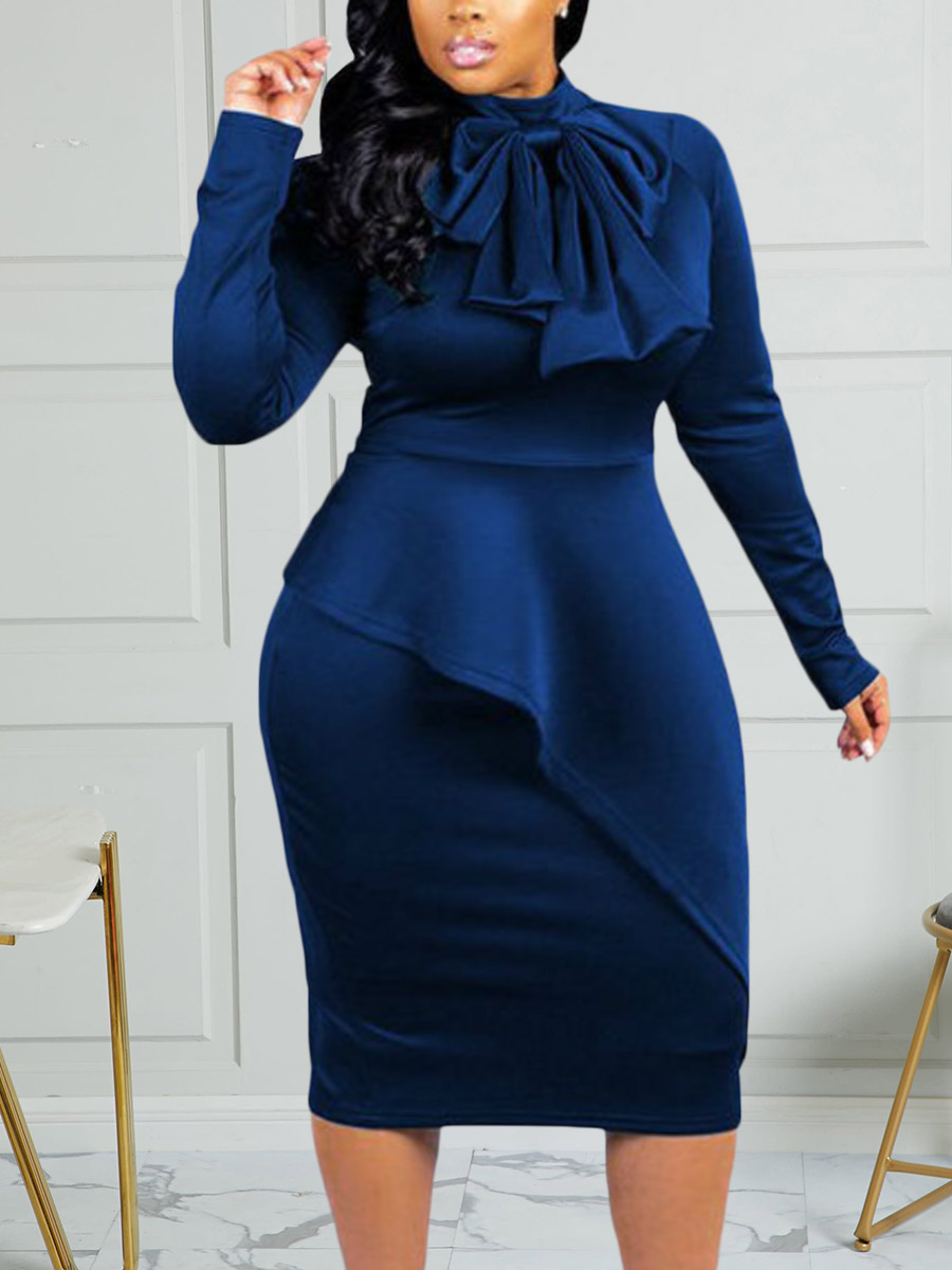 LovelyWholesale Plus Size Bow-tie Decor Bodycon Dress Fall Long Sleeve Elegant Solid Color Tie Neck  5X Spring Summer 2024