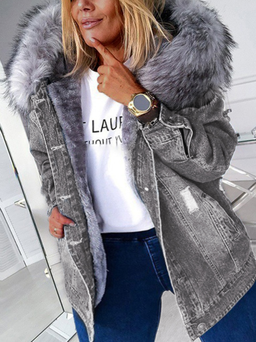 

LW Plus Size Hooded Collar Fluffy Denim Jacket, Light grey