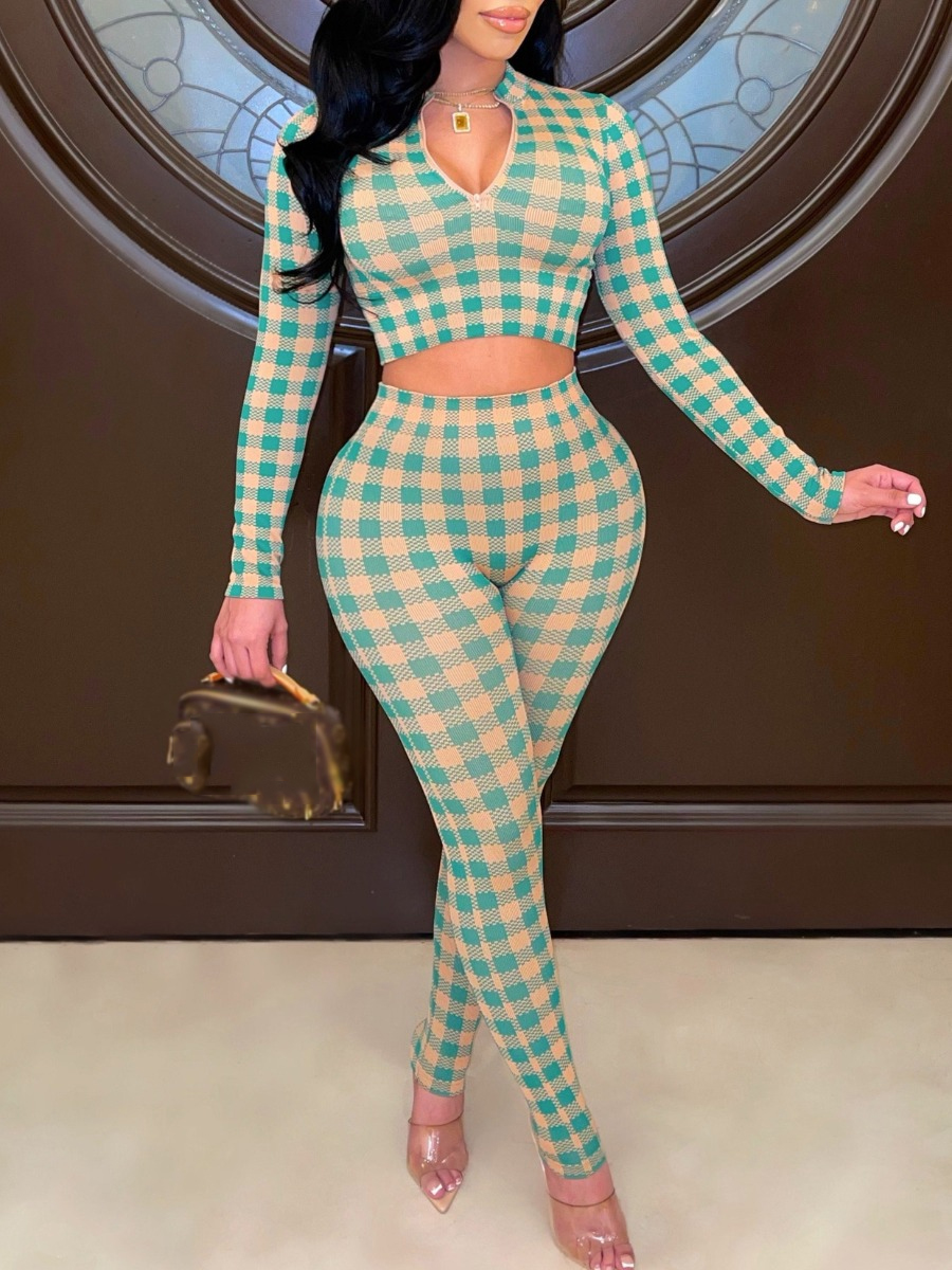 

LW V Neck Plaid Skinny Pants Set, Green