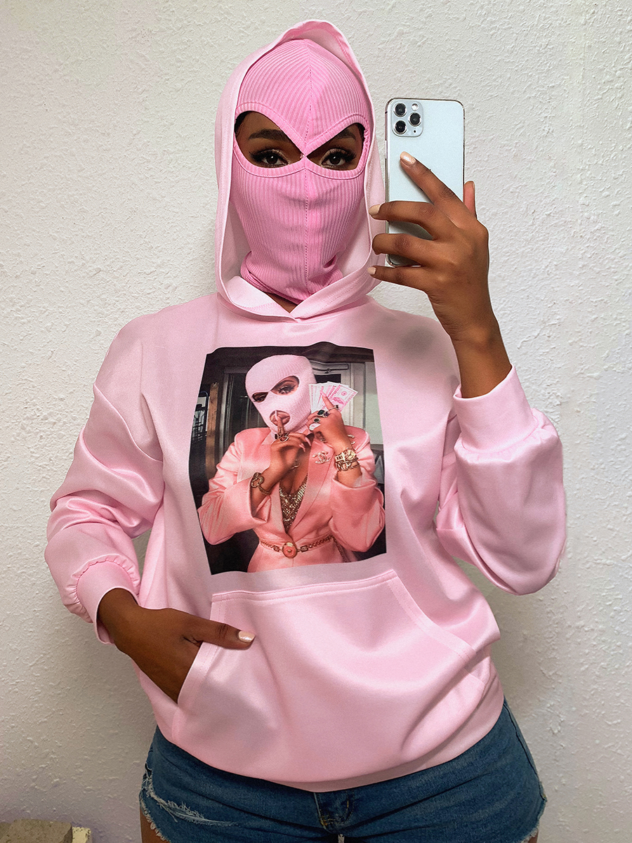 

LW Masked Face Print Kangaroo Pocket Hoodie, Pink