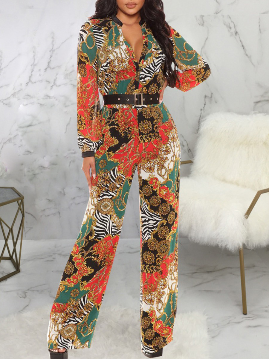 

LW V Neck Floral Print Jumpsuit ( Without Belt), Red