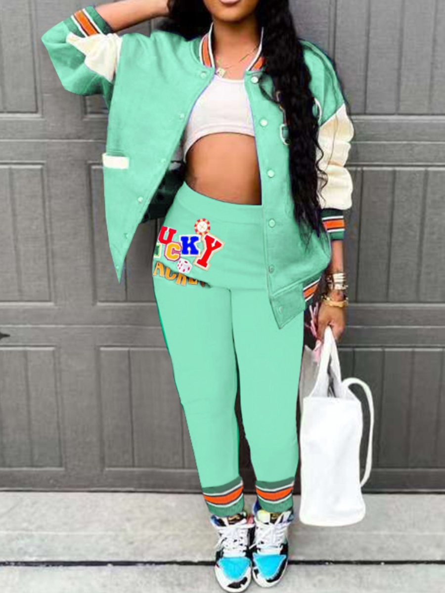 

LW Baseball Collar Letter Patched Pants Set, Green