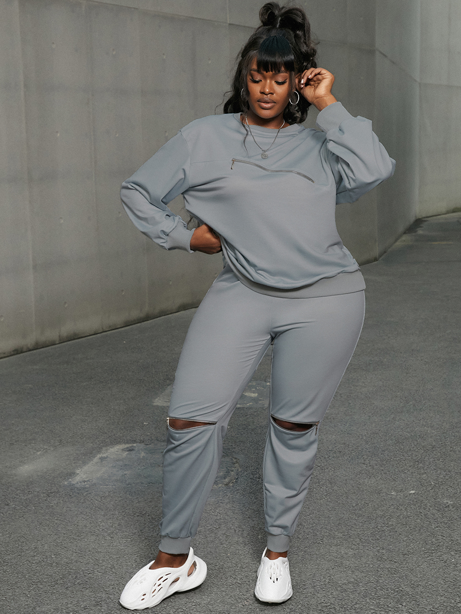 LW Round Neck Zipper Design Pants Set