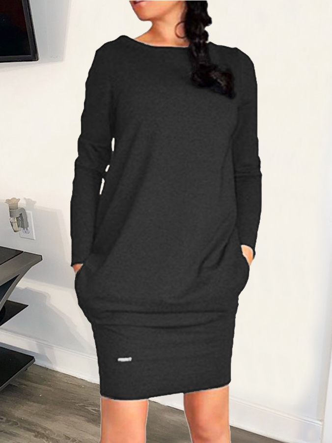 

LW Pocket Design Solid Color Basic Dress, Black