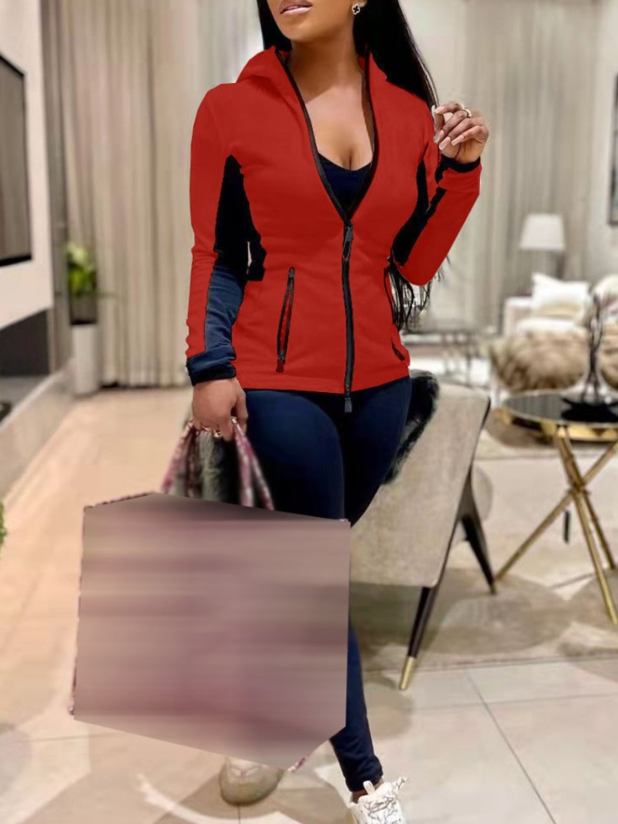 

LW Hooded Collar Patchwork Tracksuit Set, Red