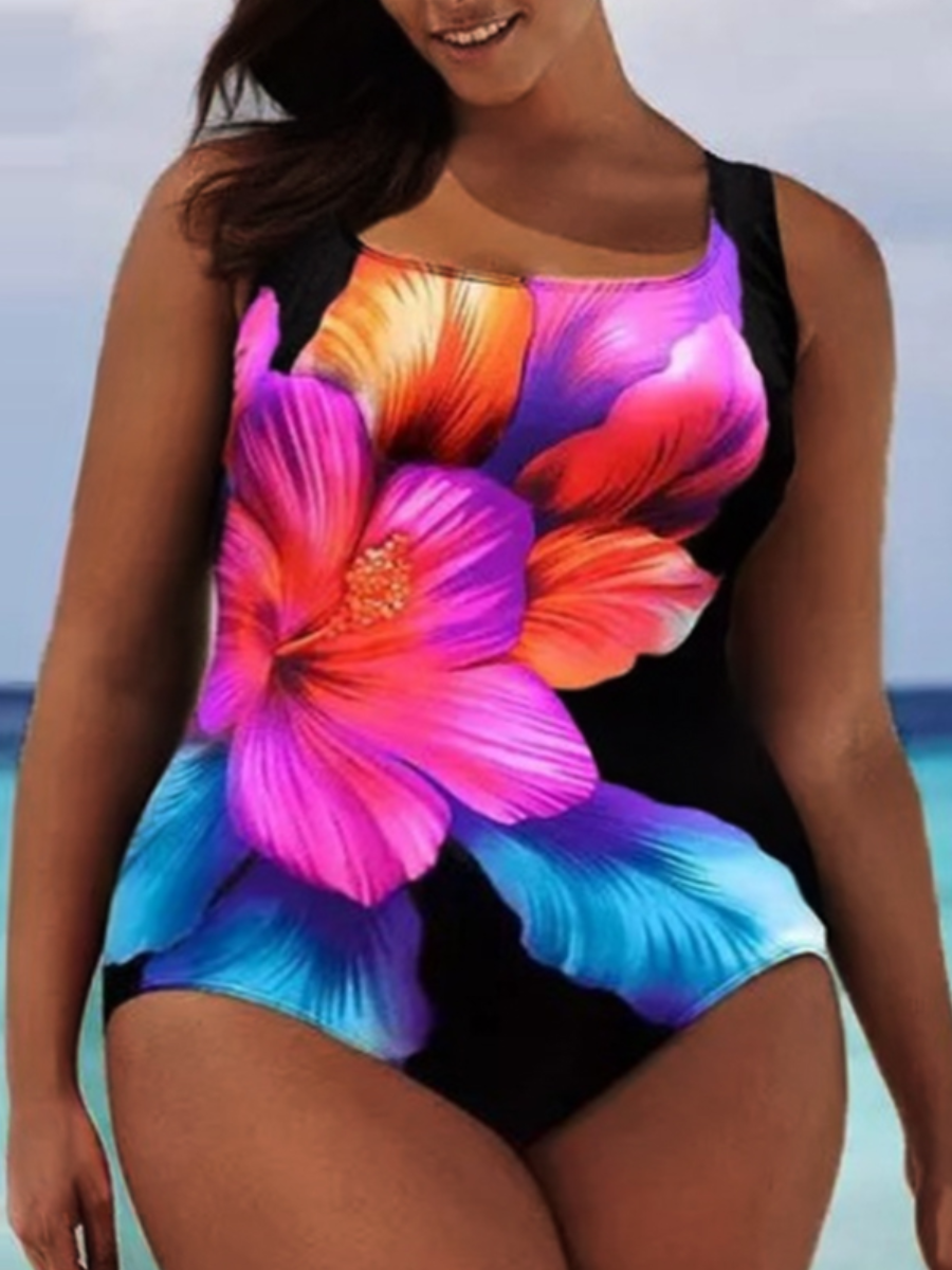 

LW Plus Size Square Neck Floral Print One-piece Swimsuit, Multi