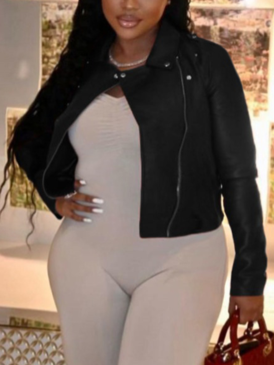 

LW Plus Size Leather Zipper Design Jacket, Black
