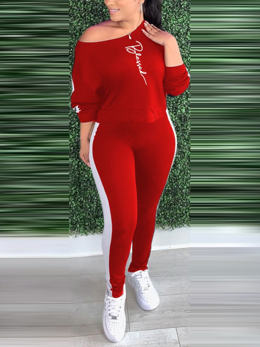 

LW Plus Size Letter Print Striped Pants Set, Red