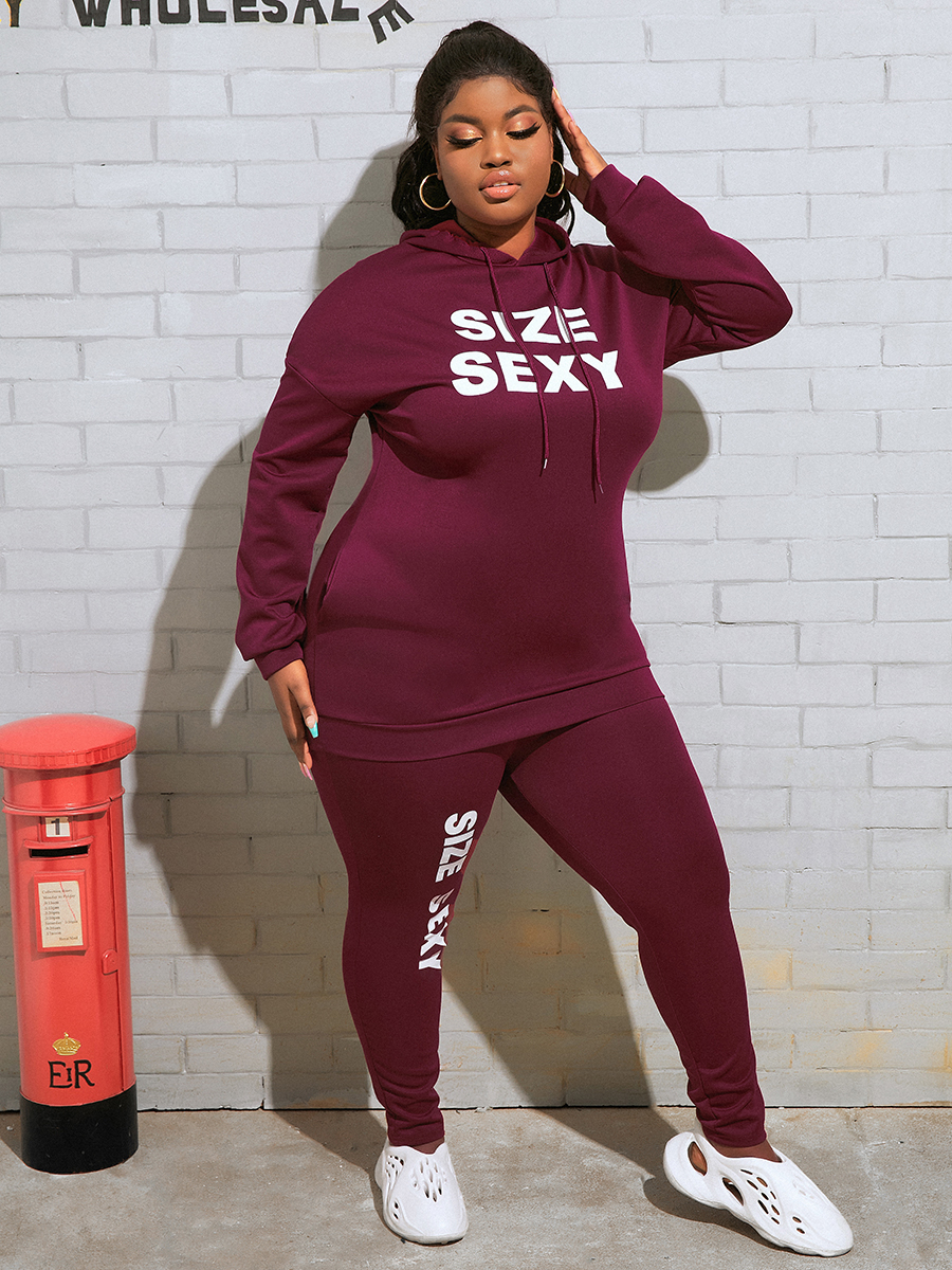 

LW Plus Size Hooded Collar Letter Print Tracksuit Set, Wine red