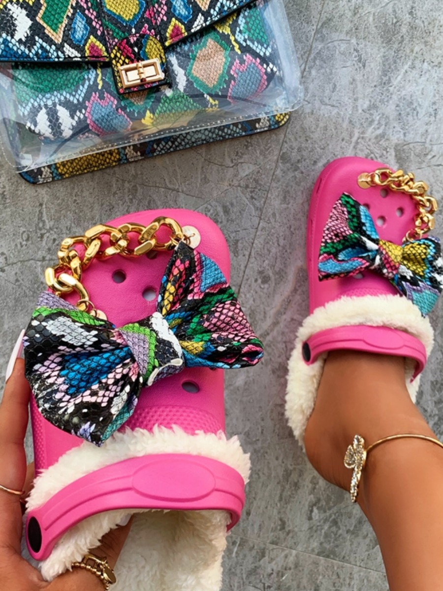 

LW Chain Bow-tie Decor Slippers, Rose red