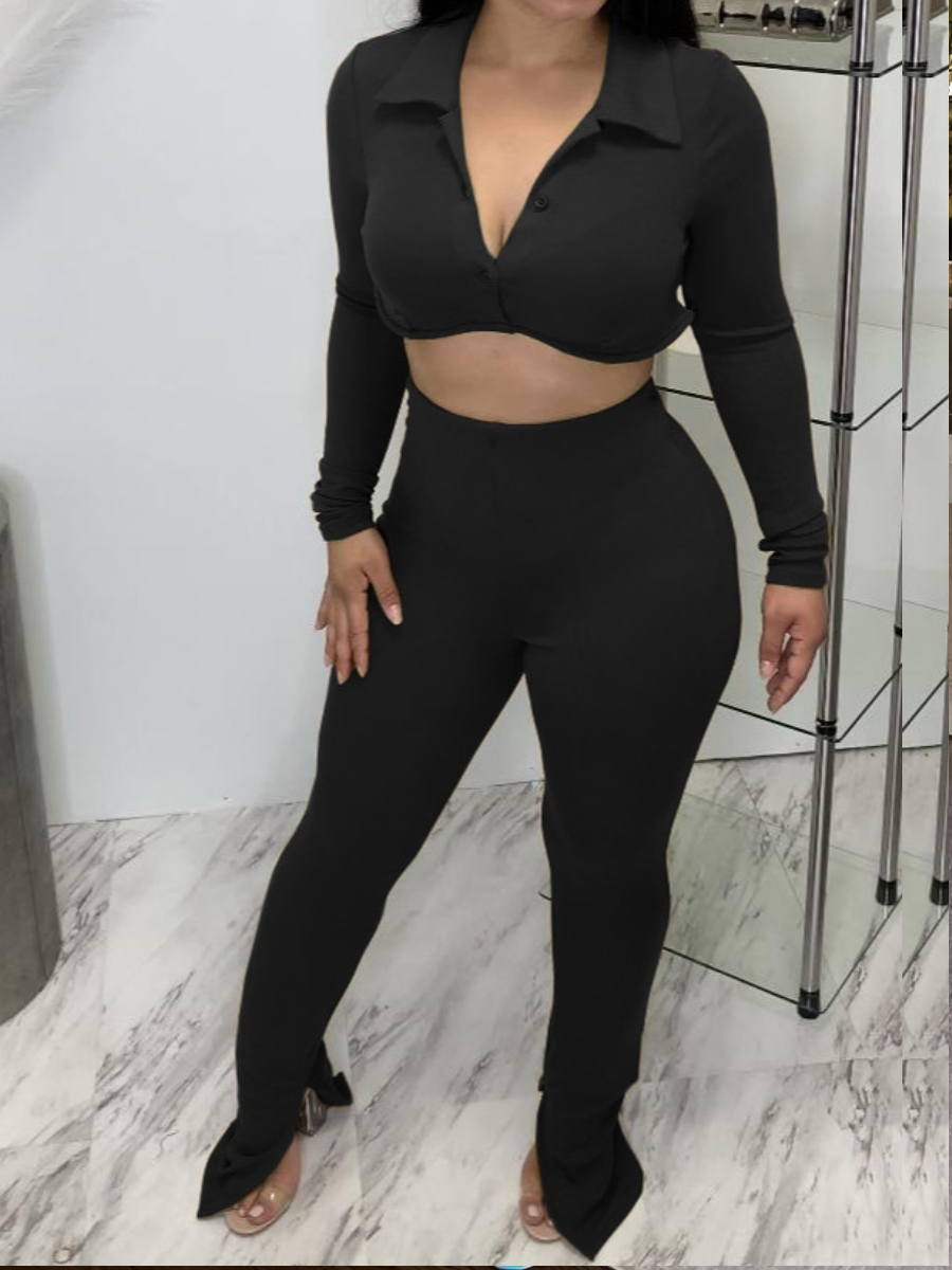 

LW Button Design Crop Top Pants Set, Black