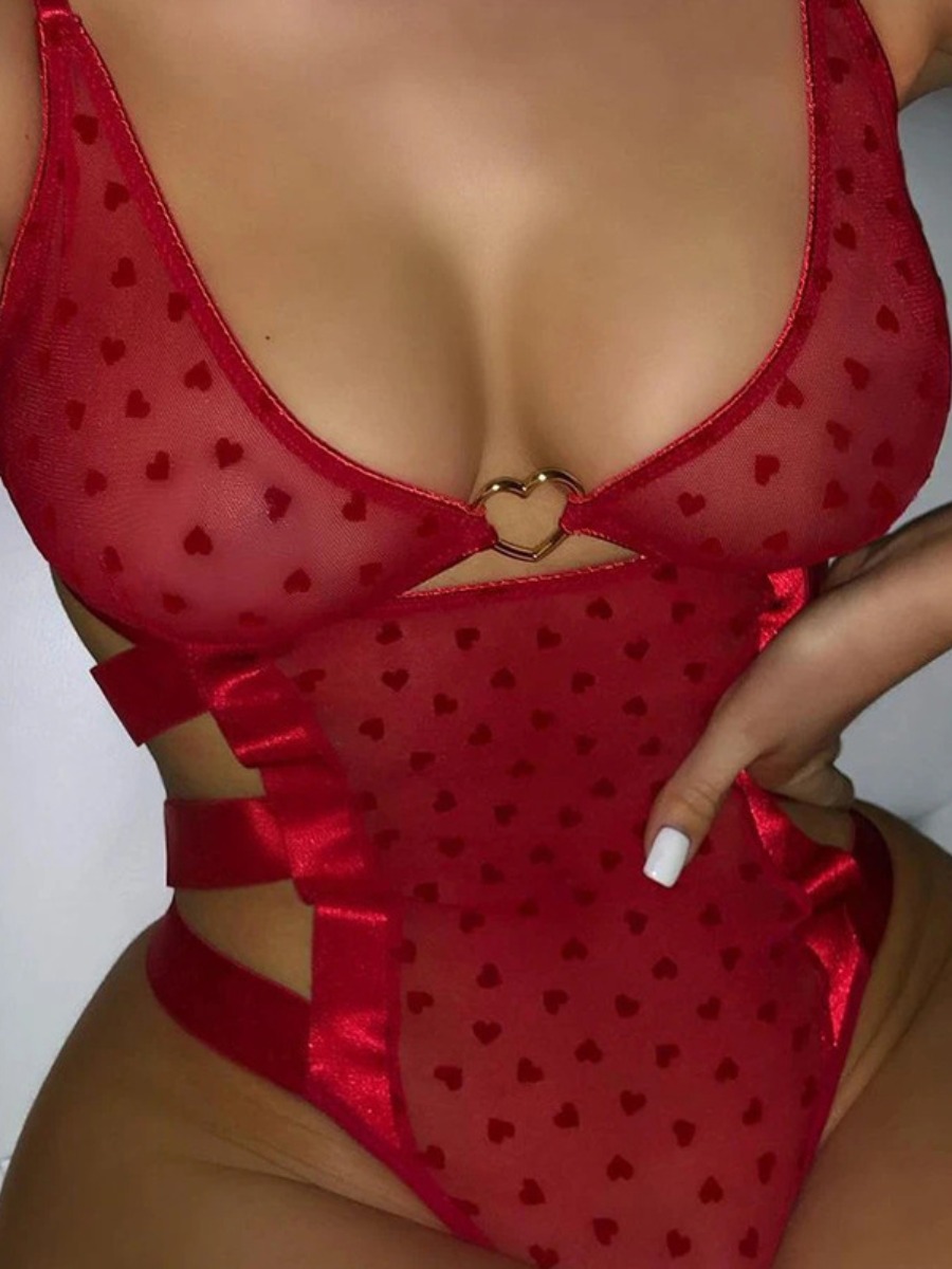

LW SXY Metal Heart Decor See-through Teddies, Red
