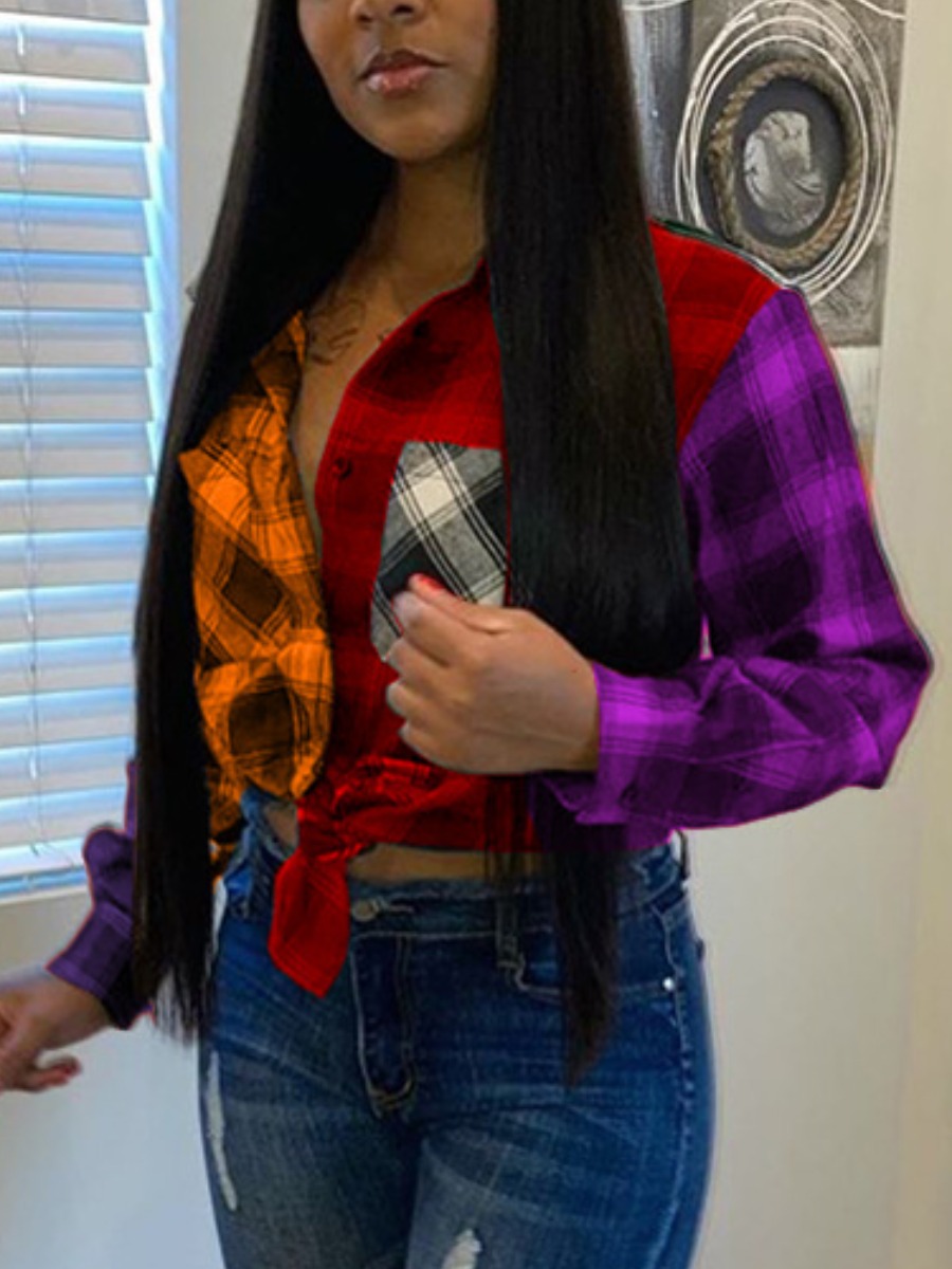 

LW Plus Size Plaid Print Patchwork Shirt, Red