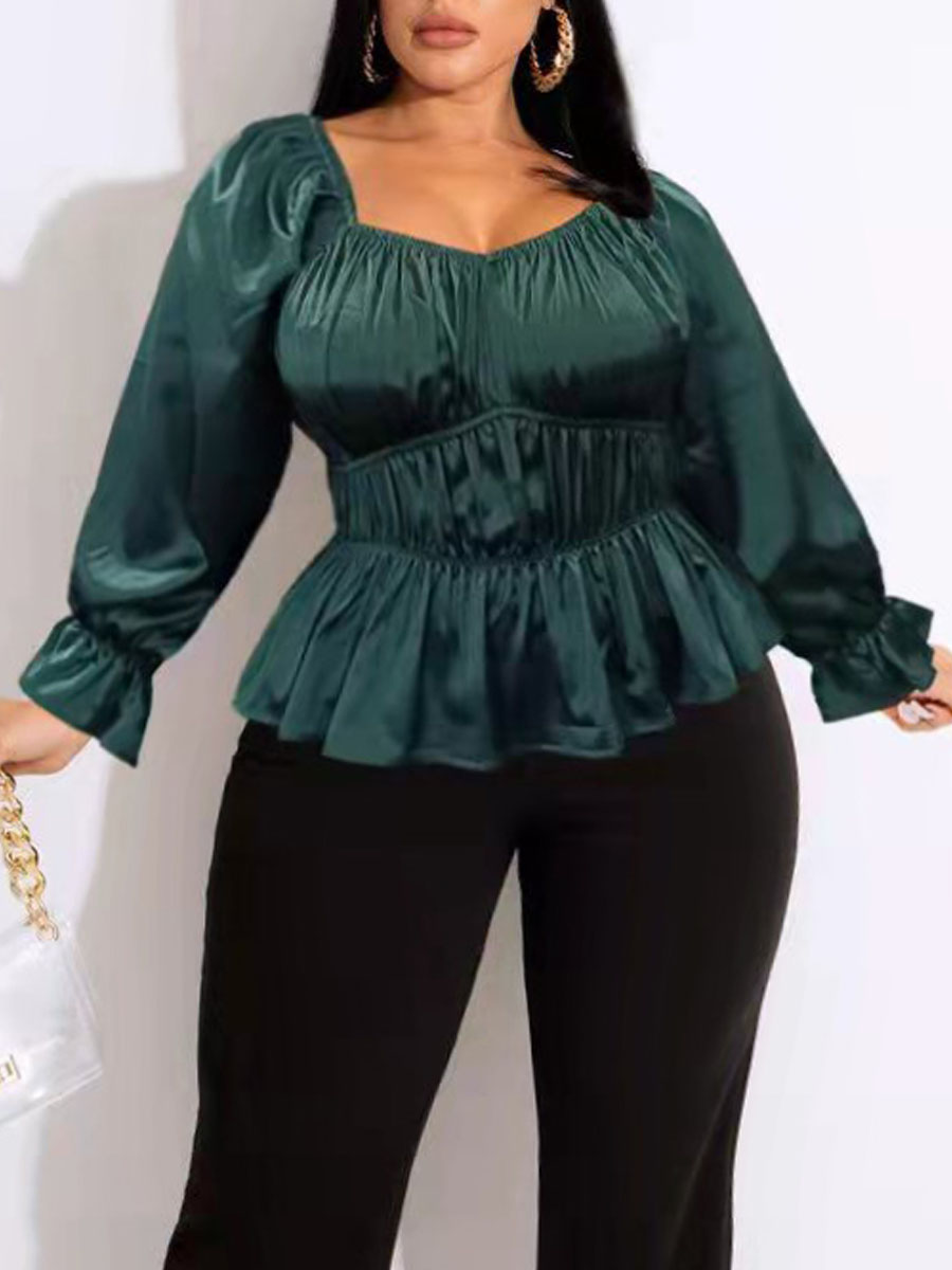 

LW Plus Size Ruched Ruffle Hem Blouse, Green