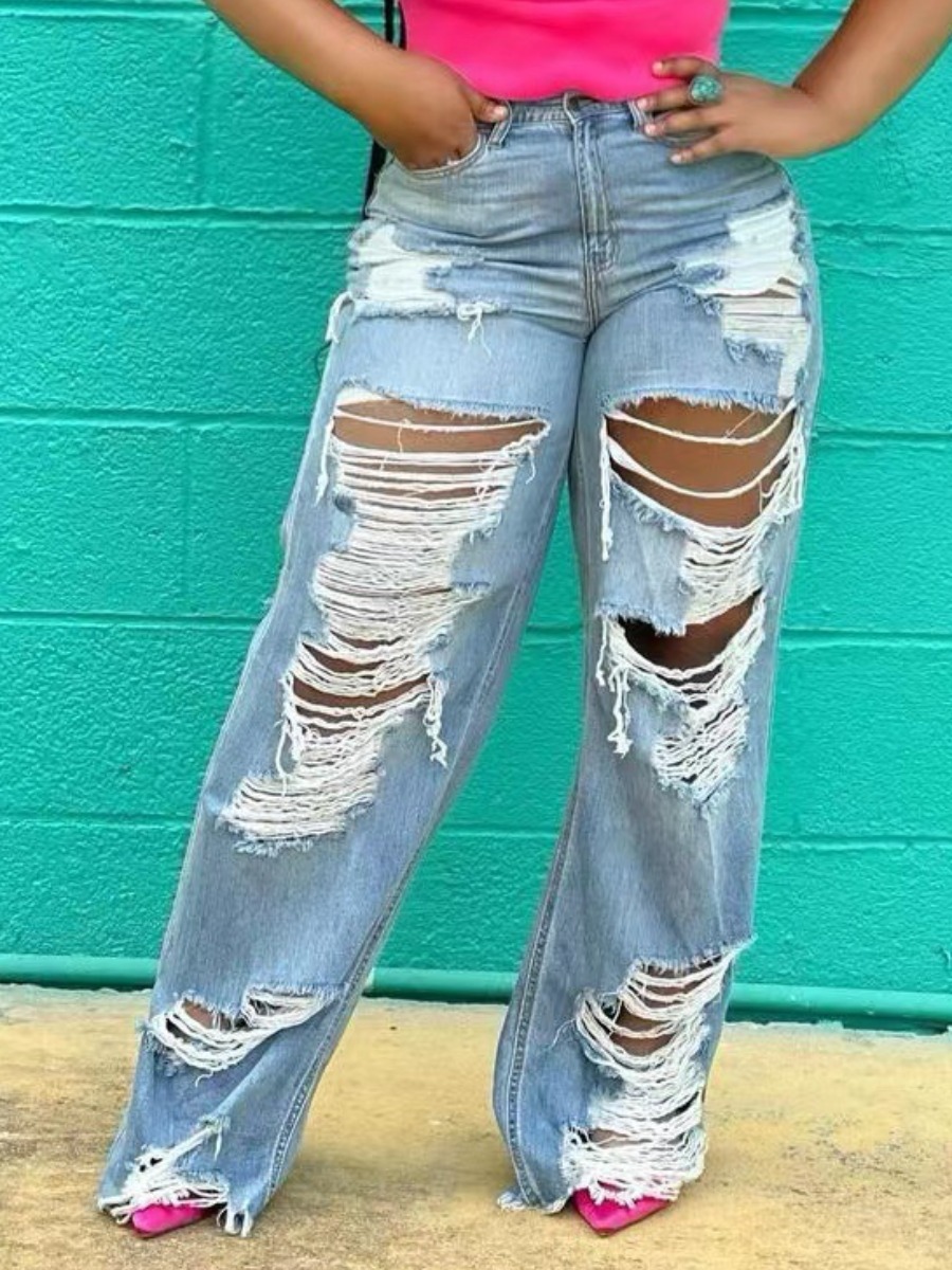 LovelyWholesale Mid Waist Ripped Wide Leg Jeans Spring|Fall Casual Ripped Spring Summer 2024