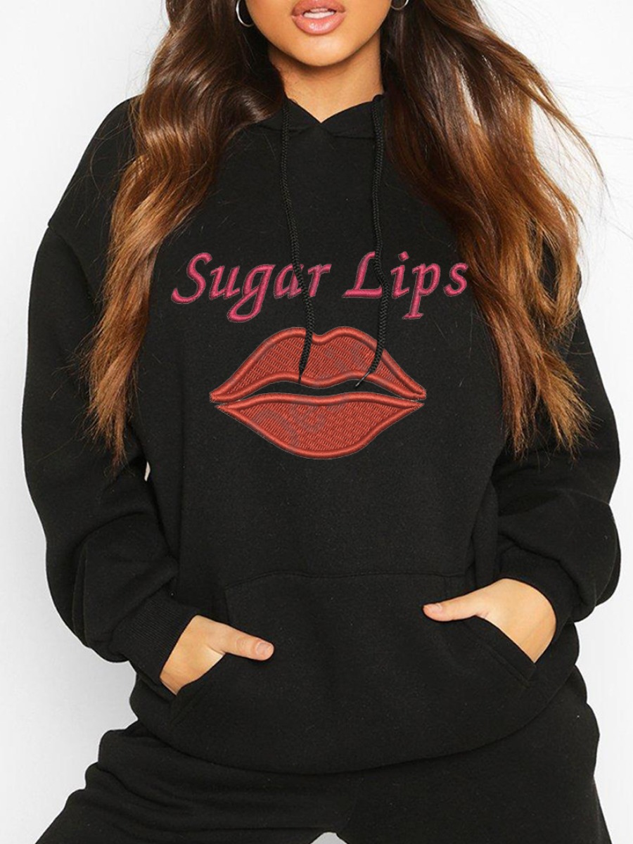 

LW Lip Letter Print Hoodie, Black