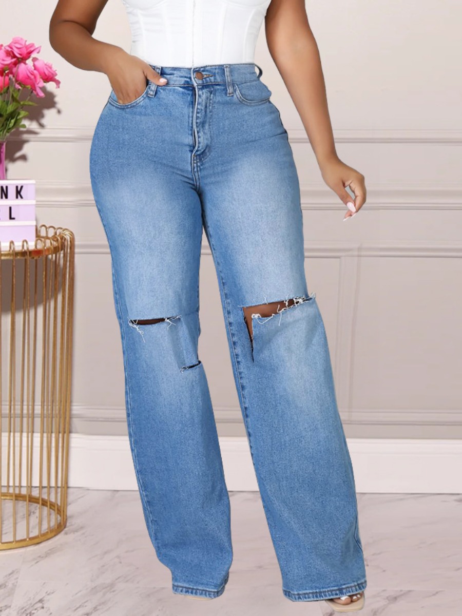 

LW Mid Waist Ripped Straight Jeans, Blue