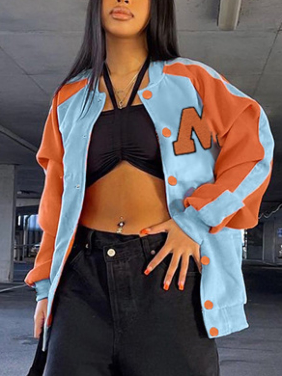 

LW Letter Print Breasted Patchwork Loose Jacket, Baby blue