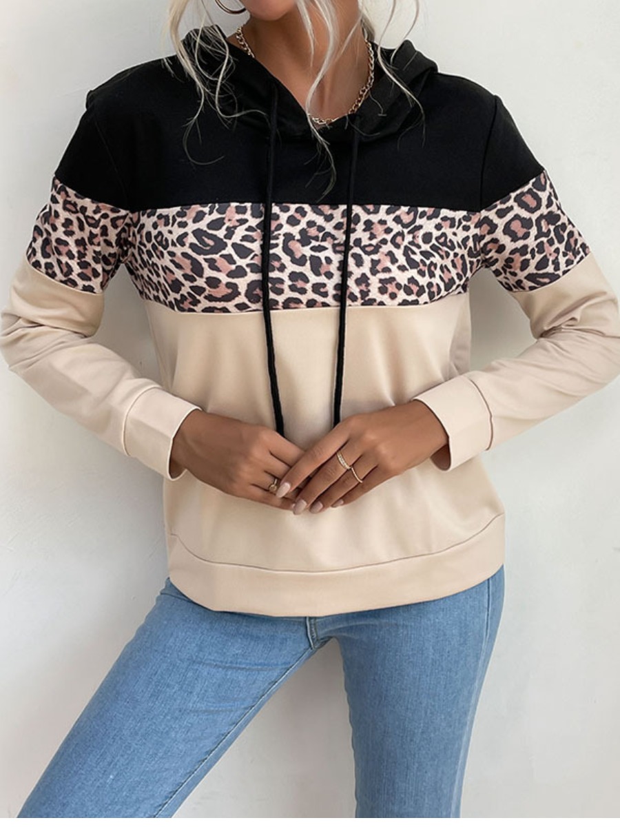 

LW Hooded Collar Leopard Print Hoodie, Khaki