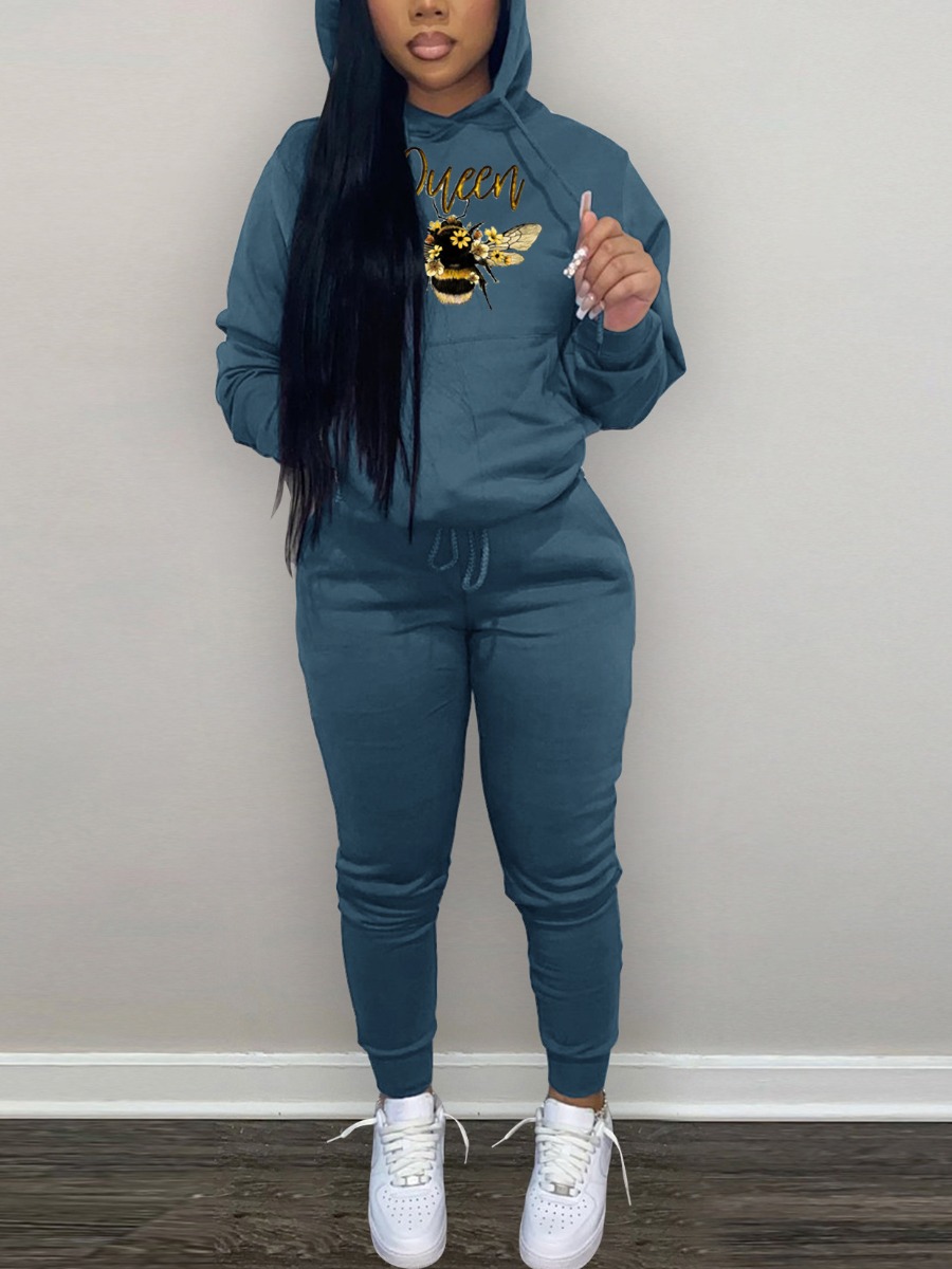 

LW Letter Print Kangaroo Pocket Drawstring Tracksuit Set, Blue