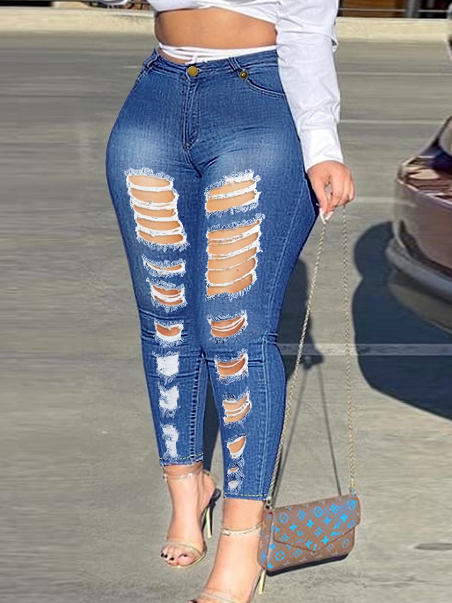 

LW Mid Waist High Stretchy Ripped Jeans, Deep blue