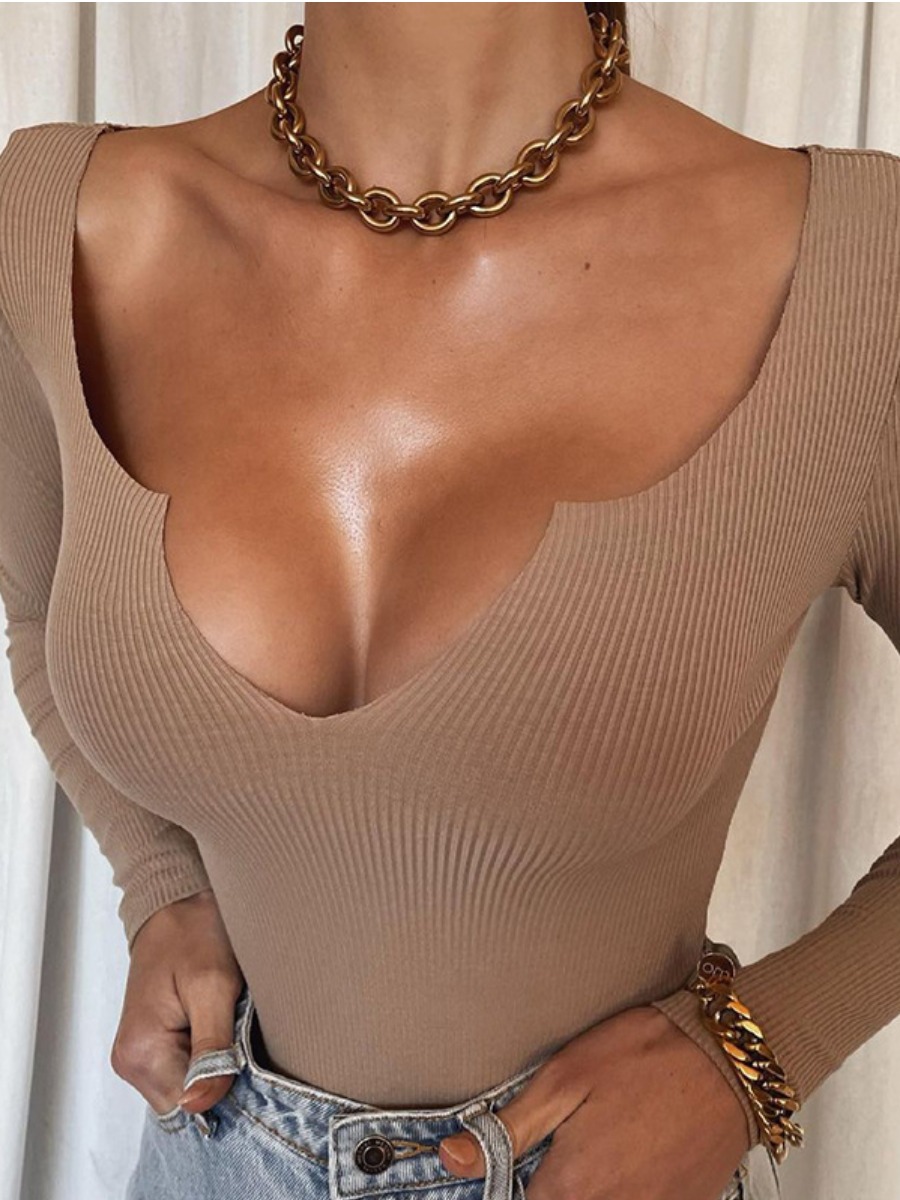 

LW SXY U Neck Rib-Knit Bodysuit, Beige