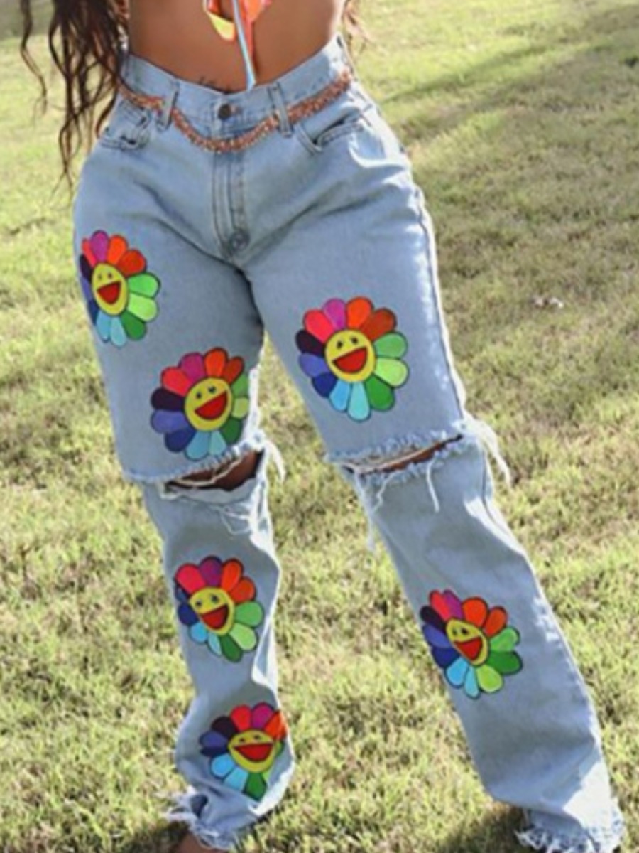 

LW Cartoon Print Ripped Jeans, Blue