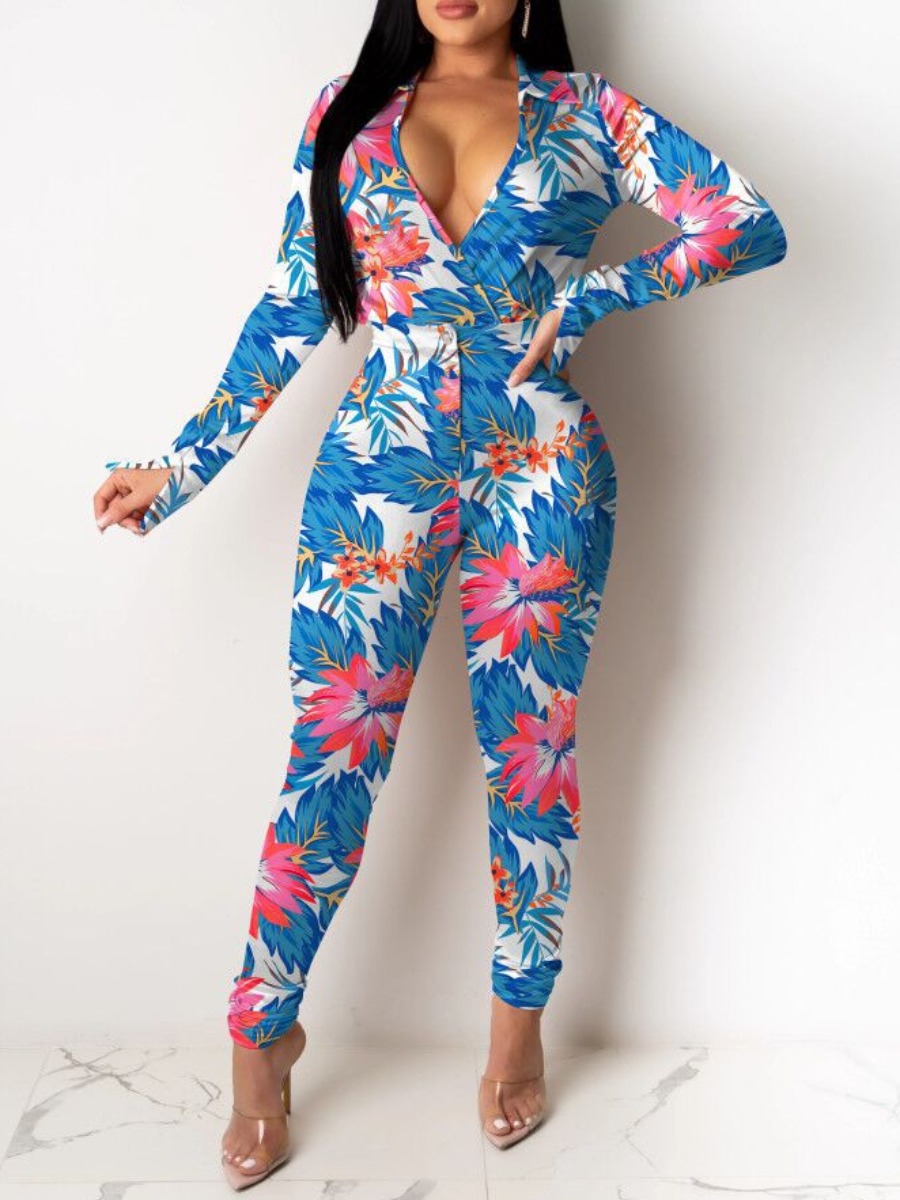 

LW SXY V Neck Leaf Print Skinny Pants Set, Blue