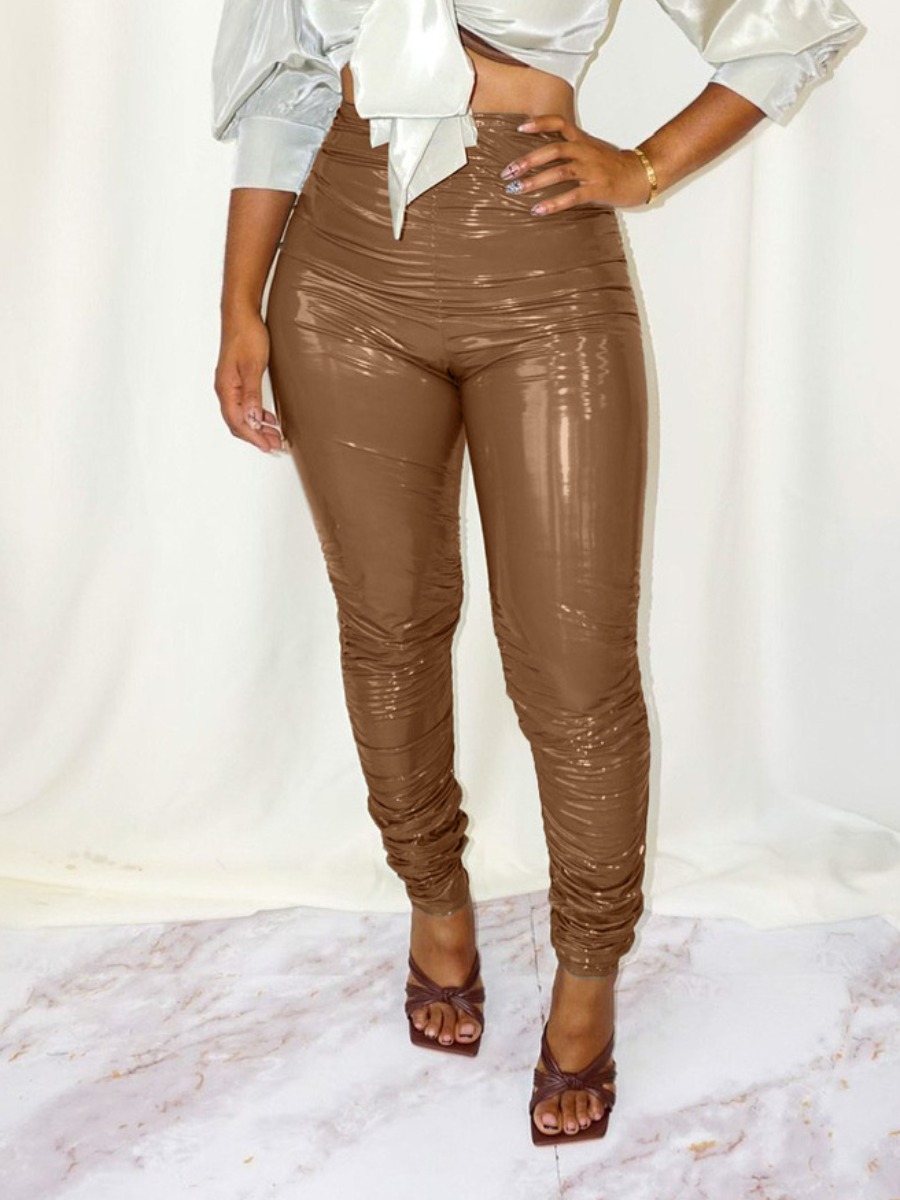 

LW High-waisted Ruched Leather Pants, Coffee