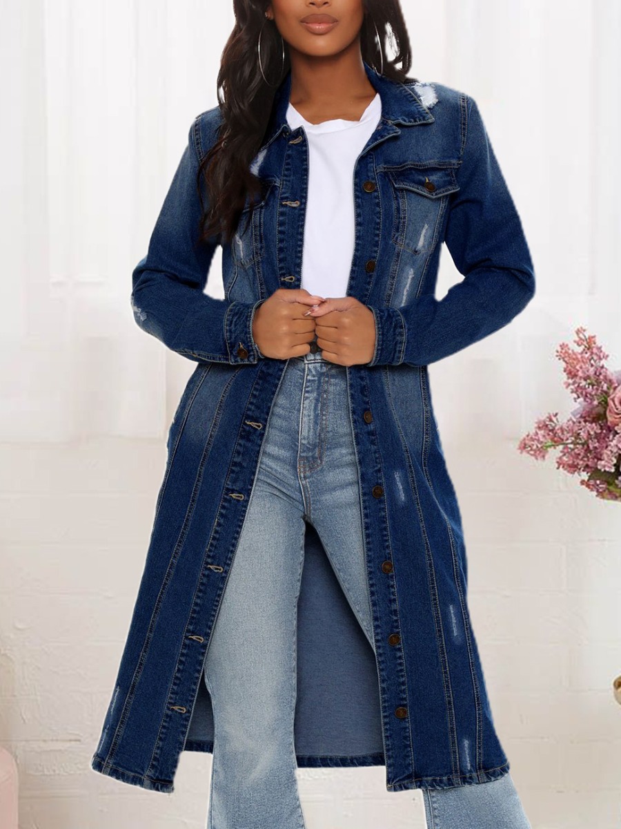 

LW Turn Down Collar Button Design Denim Coat, Deep blue