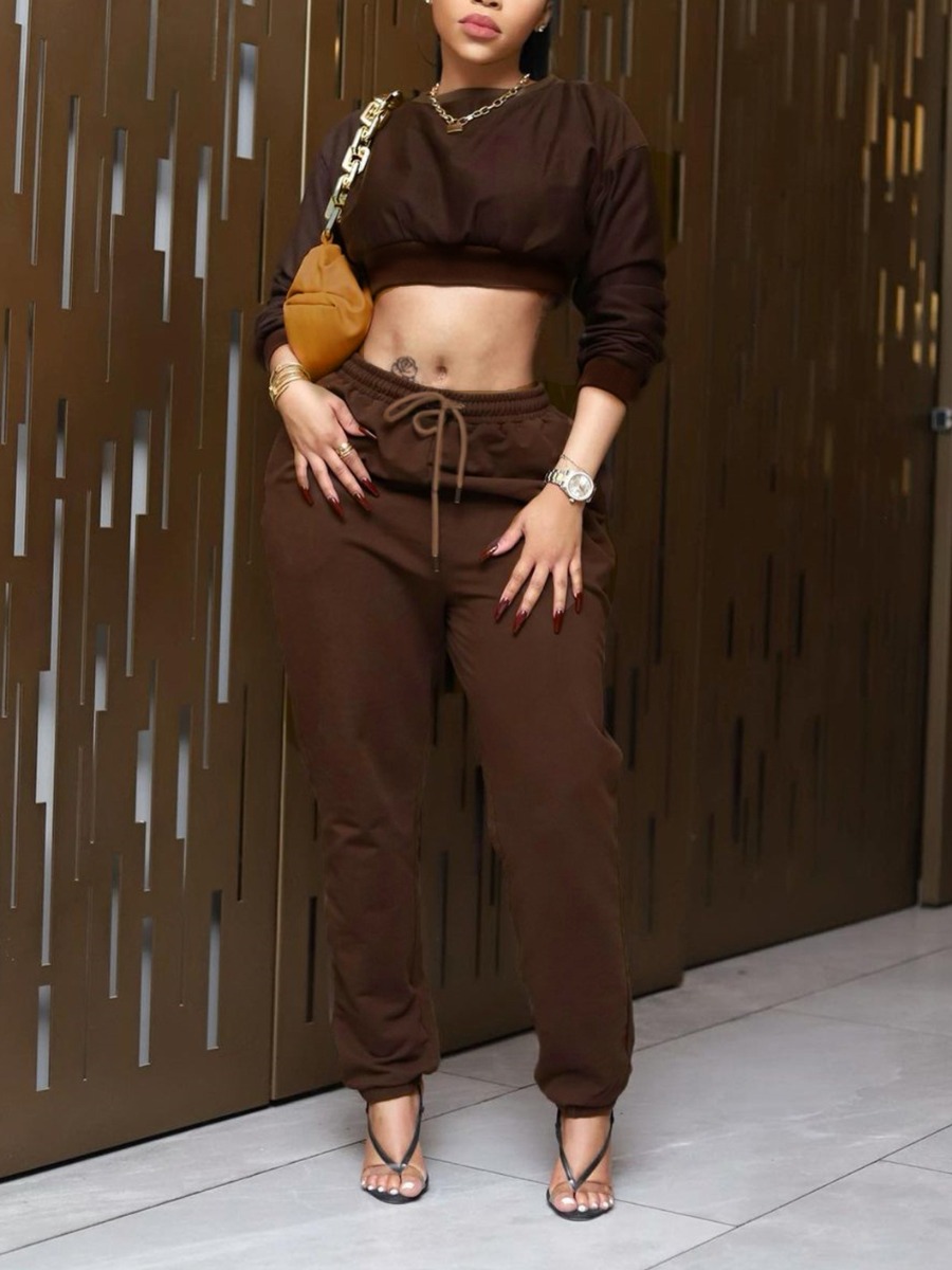

LW BASICS Crop Top Drawstring Pants Set, Coffee