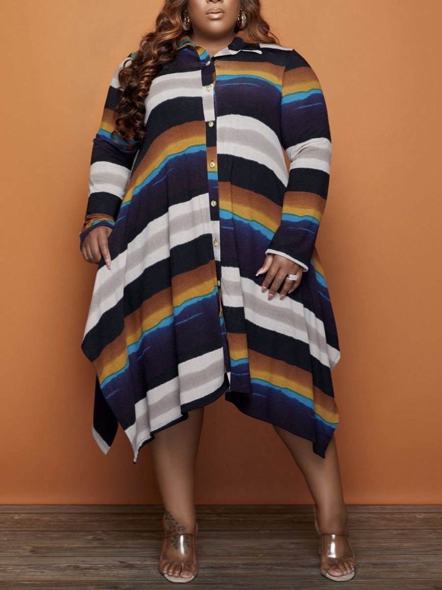 

LW Plus Size Button Up Striped Asymmetrical Oversized Shirt Dress, Multi