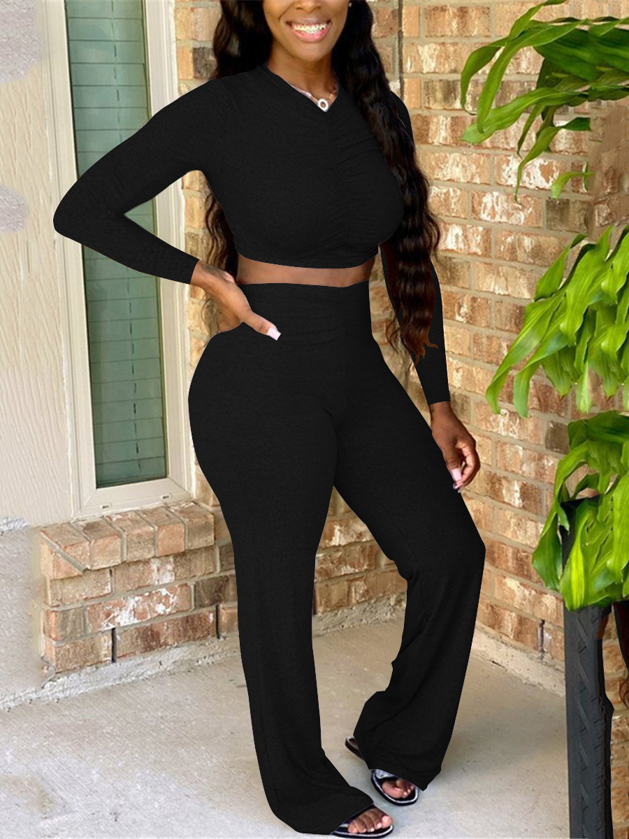 

LW COTTON Ruched Flare Hem Basic Pants Set, Black