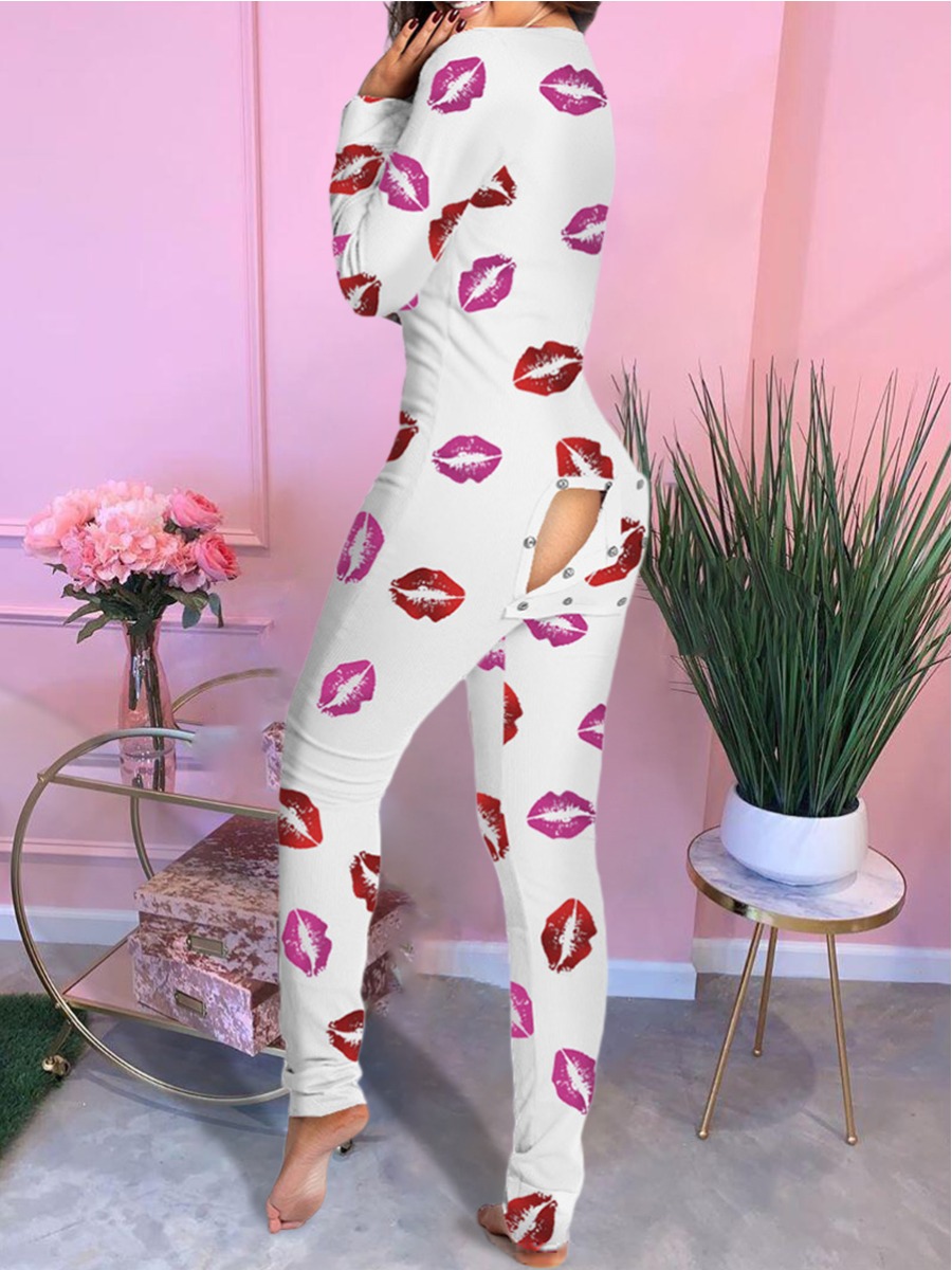 

LW BASICS Lip Print Button Design Jumpsuit, White