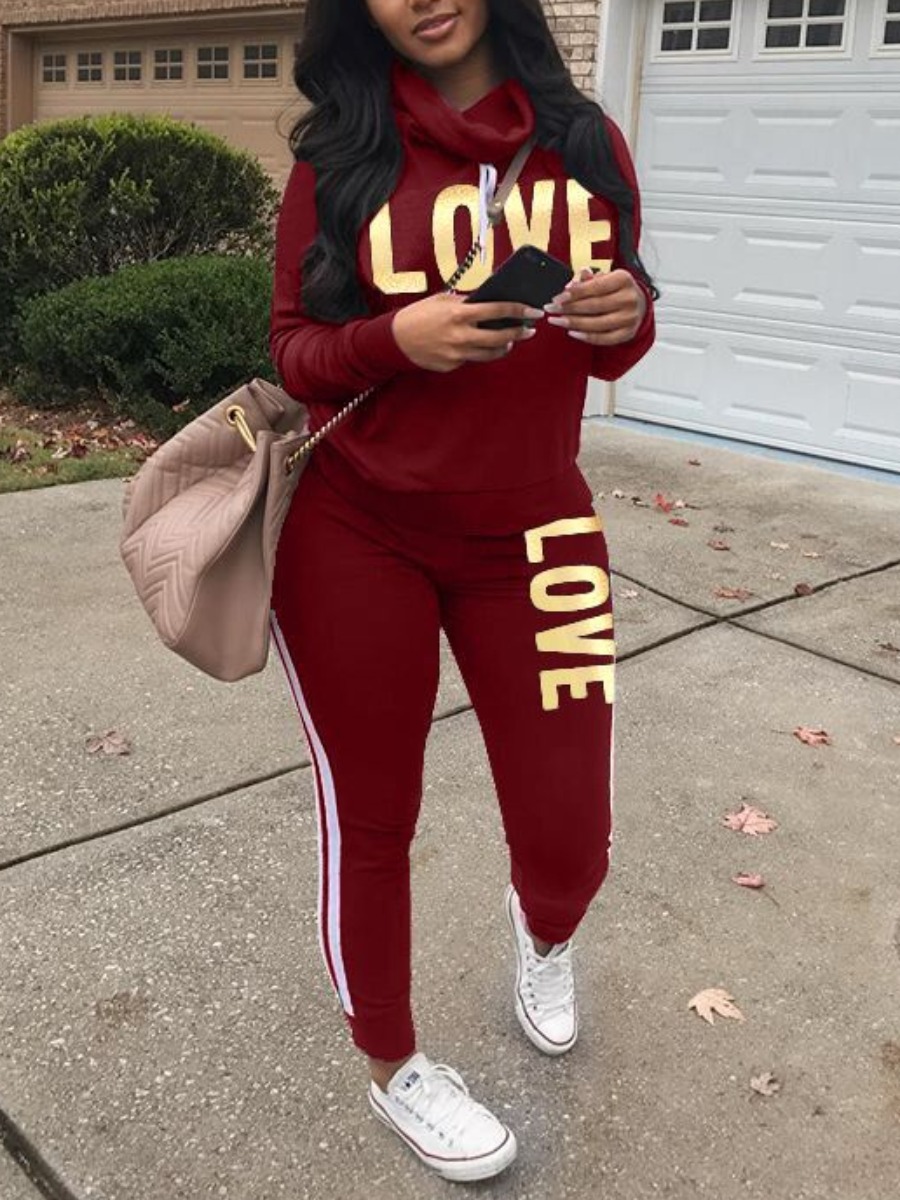 

LW Letter Print Striped Tracksuit Set, Wine red