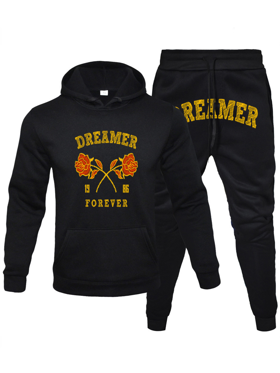 

LW COTTON Men Floral Letter Print Tracksuit Set, Black