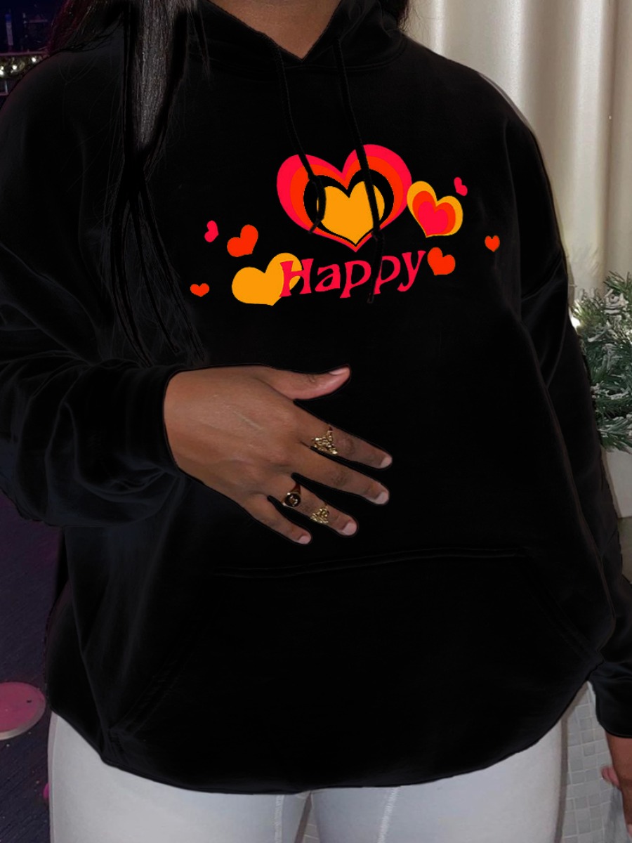 

LW Heart Kangaroo Pocket Print Oversized Hoodie, Black