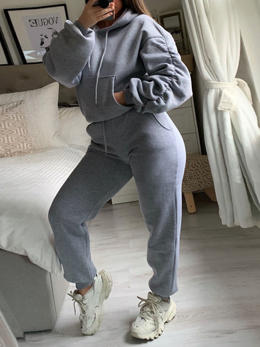 

LW Ruched Sleeve Kangaroo Pocket Drawstring Hoodie Tracksuit Set, Grey