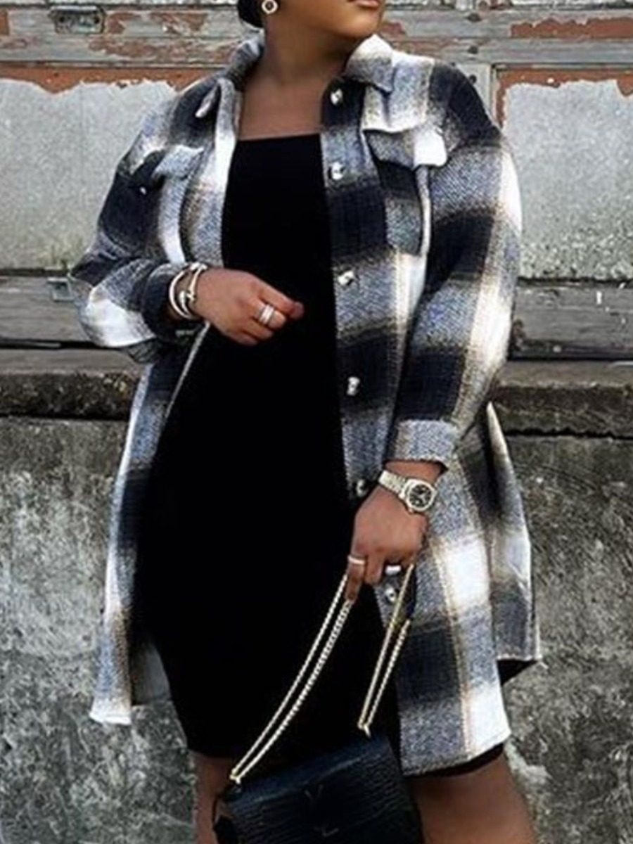 

LW Plus Size Plaid Print Loose Coat, Black & white tartan