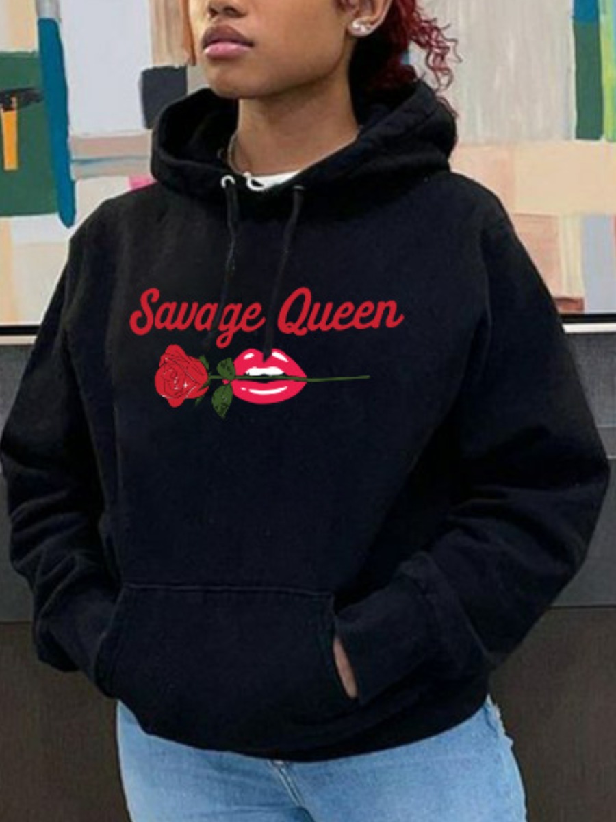 

LW Lips Rose Letter Print Kangaroo Pocket Oversize Hoodie, Black