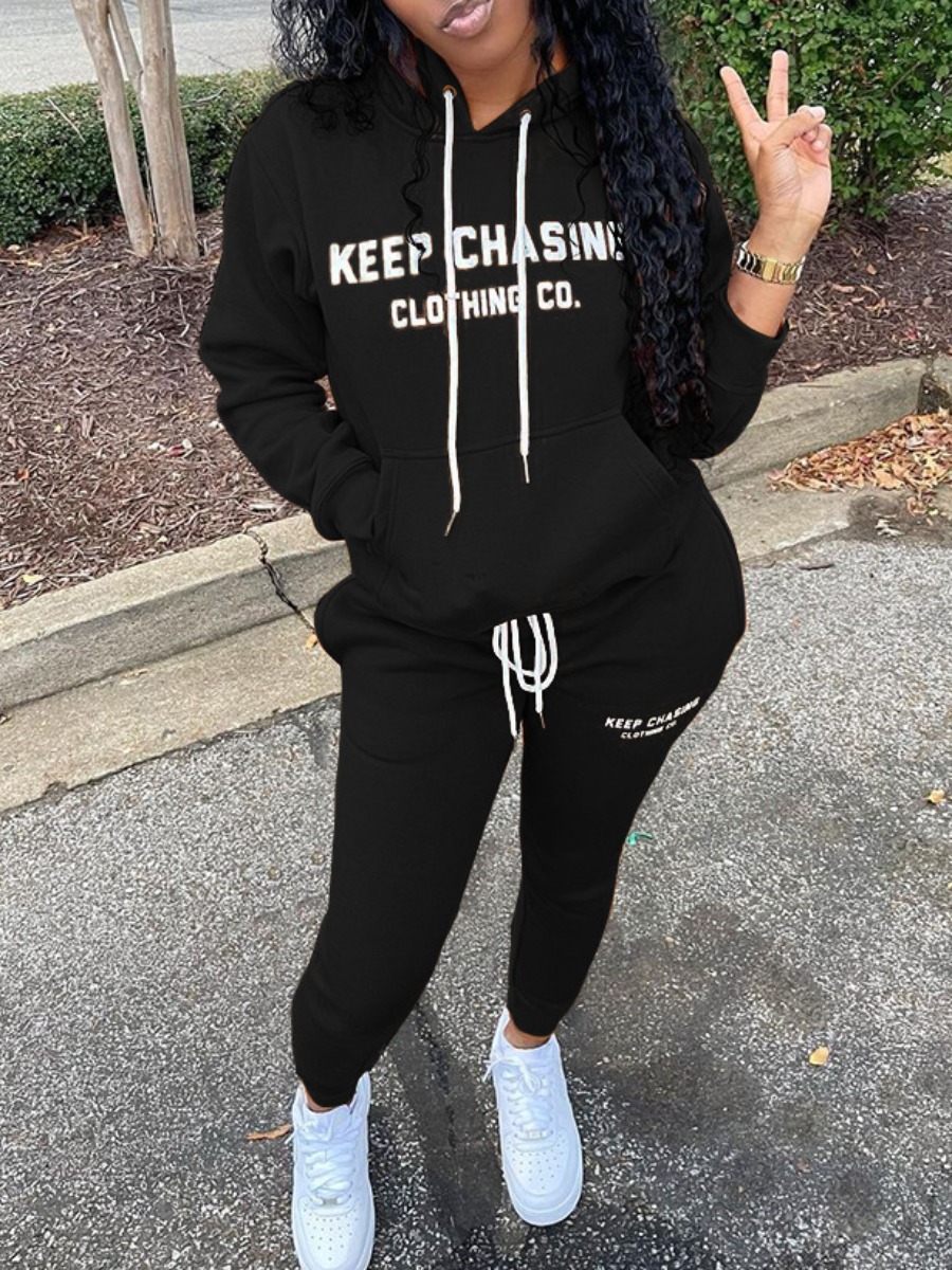 

LW Letter Print Drawstring Tracksuit Set, Black
