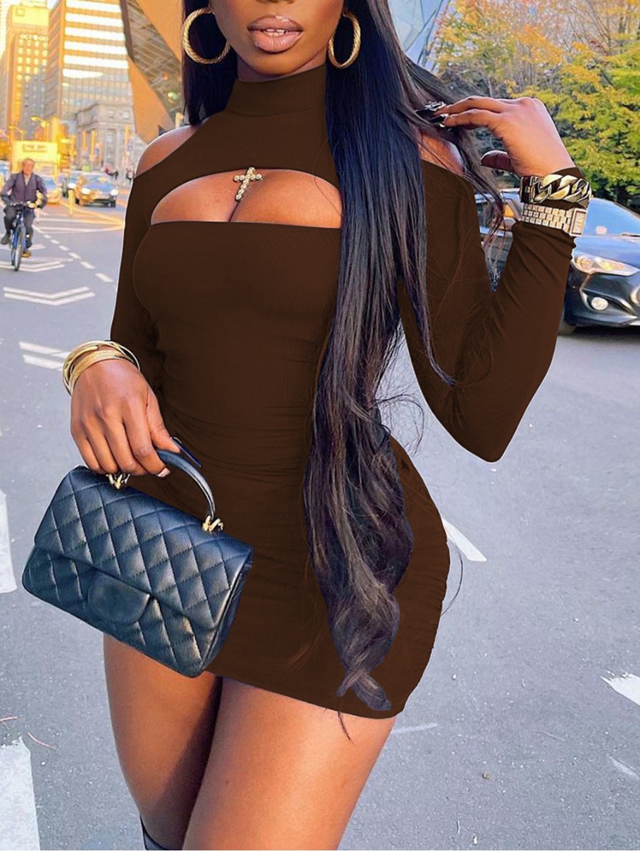 

LW SXY Rib-Knit Cut Out Bodycon Dress, Brown