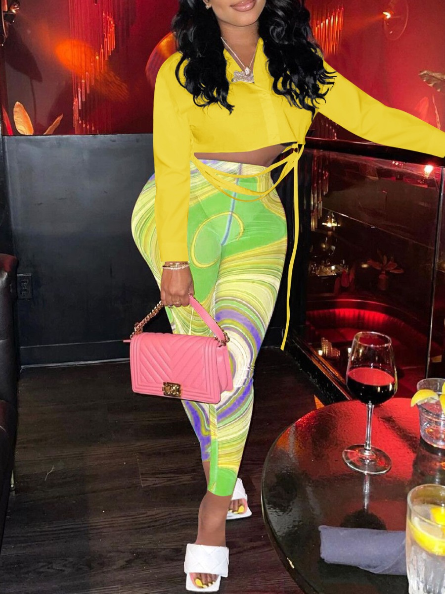 

LW Crop Top Striped Pants Set, Yellow