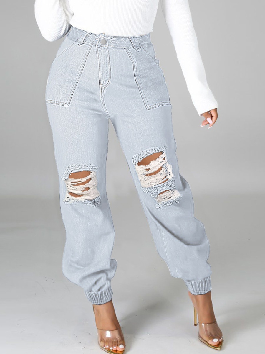 

LW Mid Waist Ripped Jeans, Baby blue