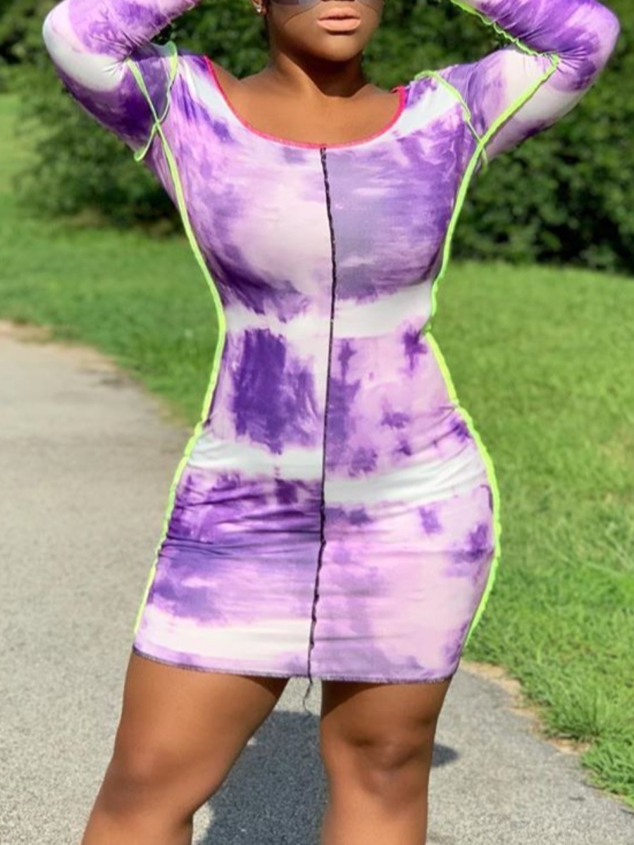 

LW Plus Size Tie-dye Line Stitching Bodycon Dress, Purple