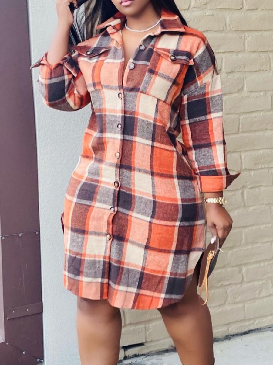 LW Plaid Button Up Pocket Design Shirt Dress