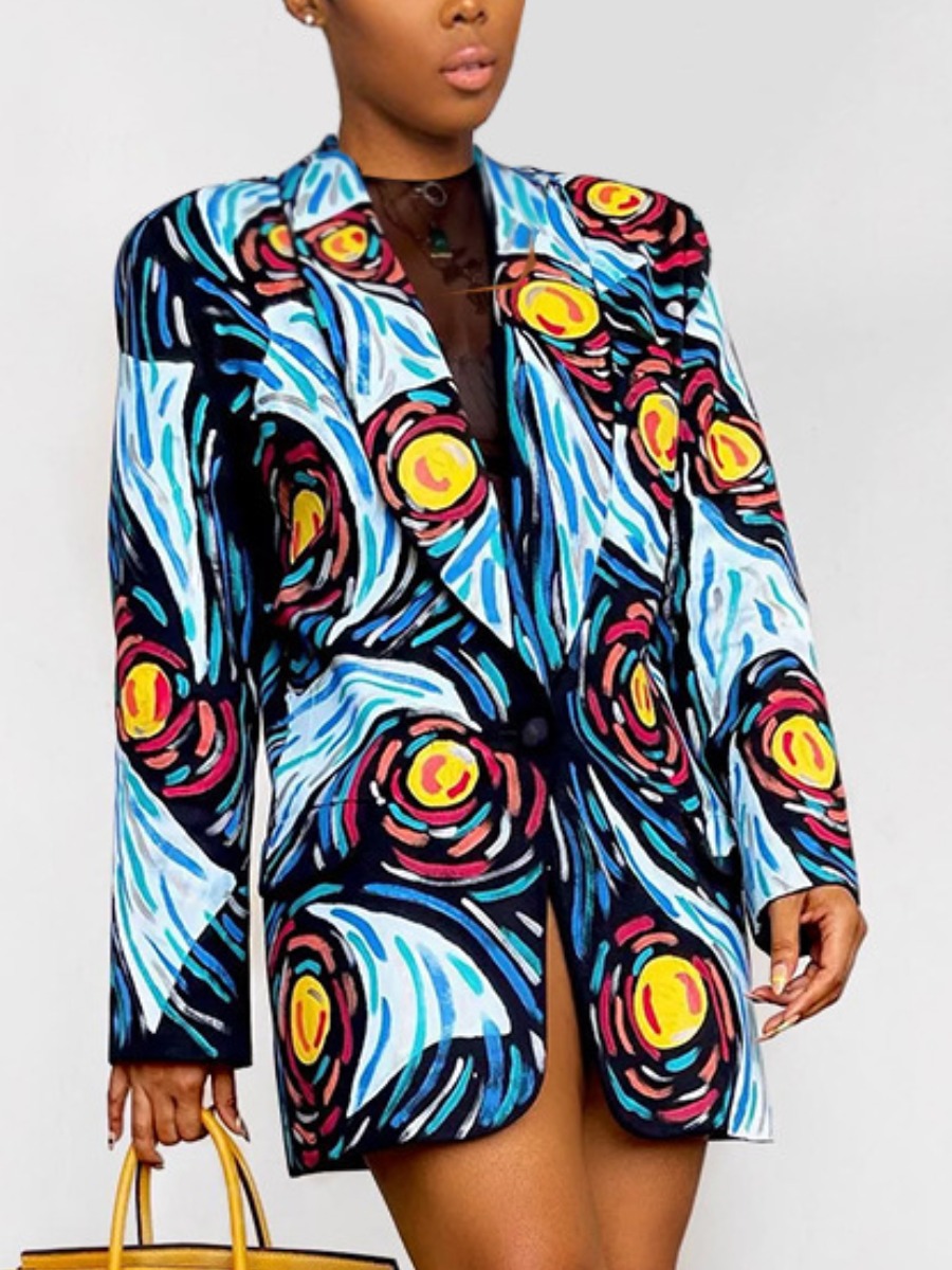 

LW Mixed Print Button Design Blazer, Blue