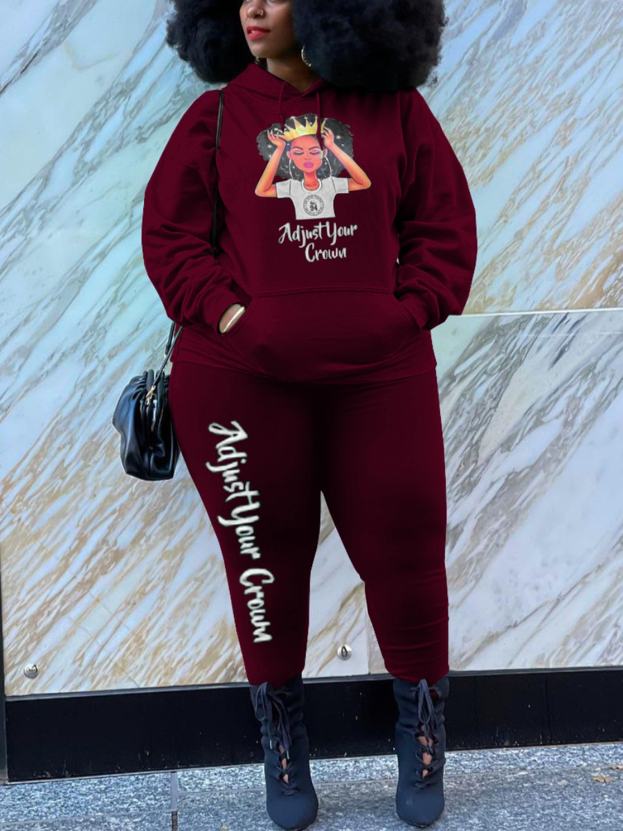 

LW Plus Size Figure Letter Print Tracksuit Set, Wine red
